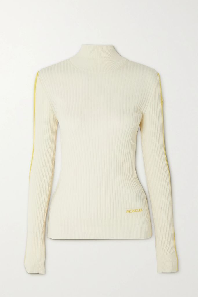 Embroidered Striped Ribbed Wool Turtleneck Sweater - Cream