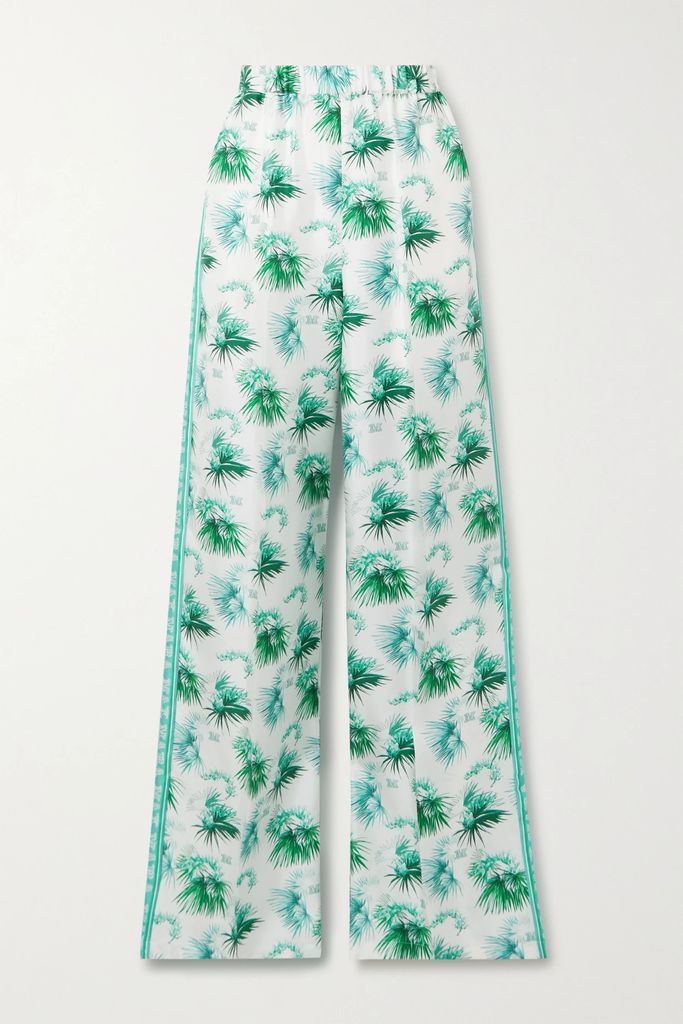 Printed Pleated Silk-twill Wide-leg Pants - Turquoise