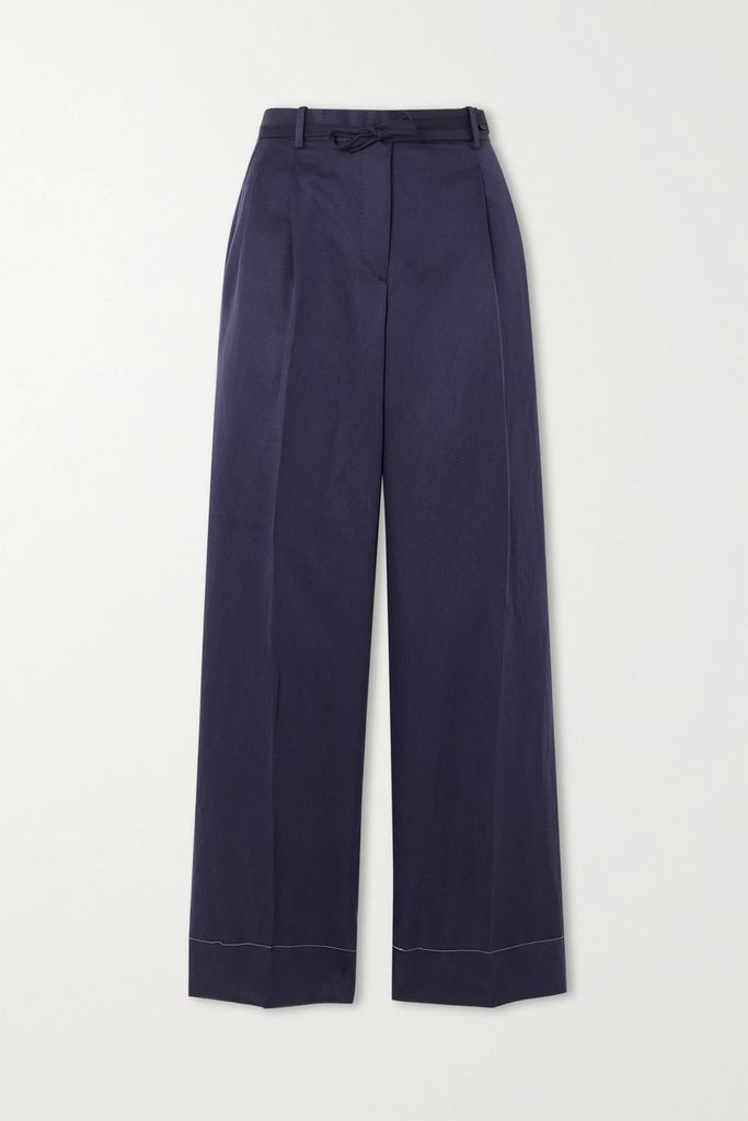 Pleated Silk And Linen-blend Twill Straight-leg Pants - Navy