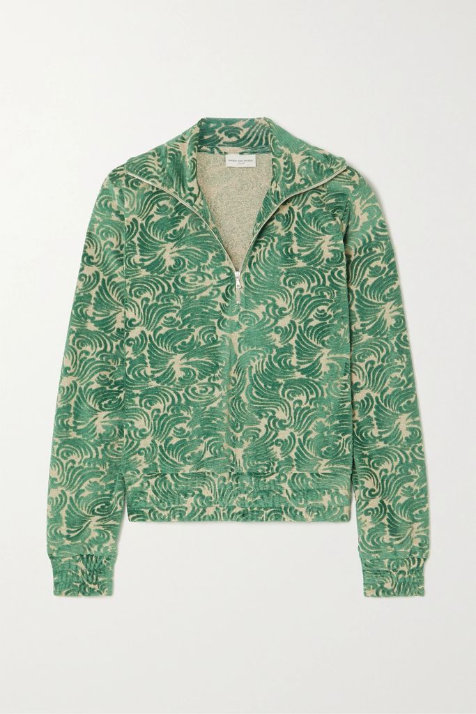 Metallic Devoré-velvet Half-zip Sweater - Green