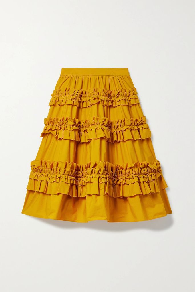 Ruffled Tiered Cotton-poplin Midi Skirt - Yellow