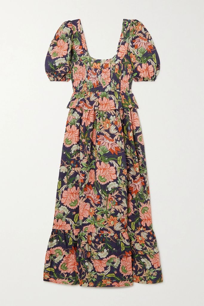 Viola Shirred Tiered Floral-print Linen Peplum Midi Dress - Navy