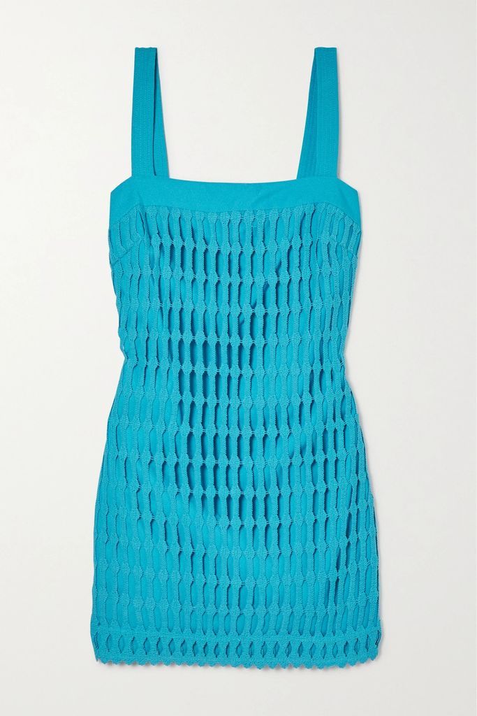 Artemis Open-knit Cotton And Crepe Mini Dress - Blue