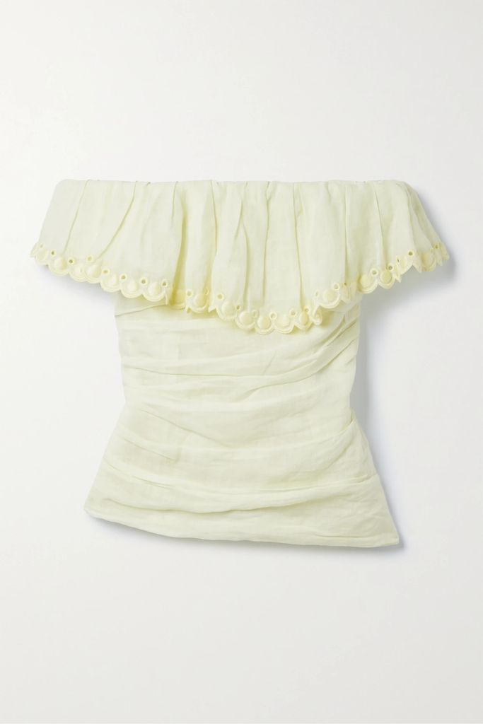 Orma Strapless Broderie Anglaise-trimmed Ramie Top - Pastel yellow
