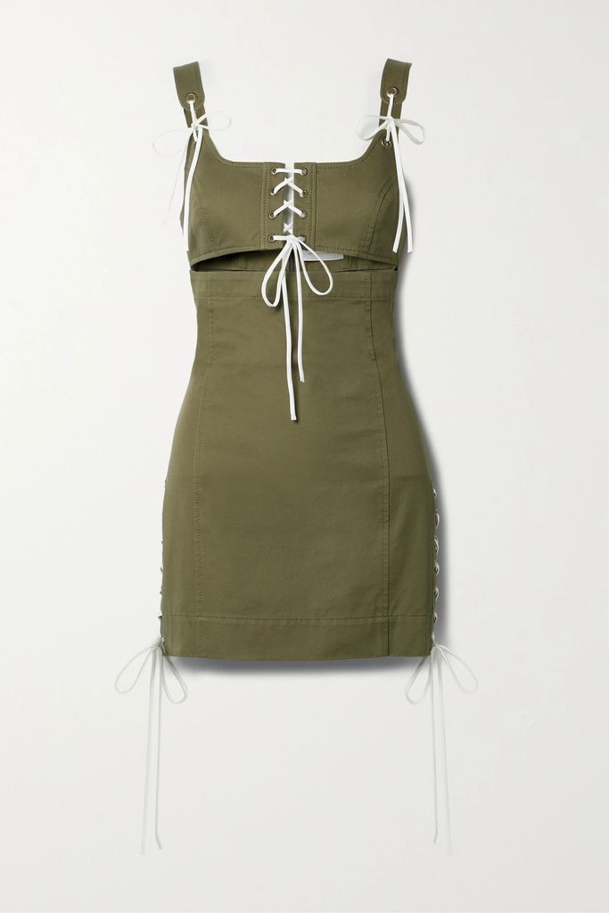 Cutout Lace-up Cotton-twill Mini Dress - Army green