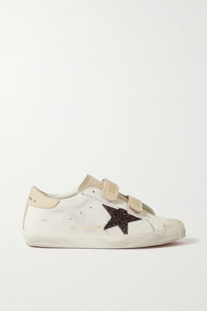 Old School Distressed Glittered Leather And Suede Sneakers - White