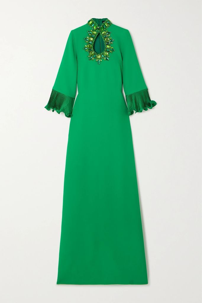 Crystal-embellished Cutout Plissé Satin-trimmed Crepe Gown - Green