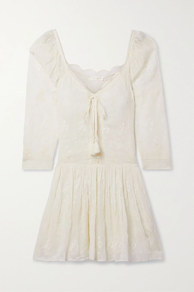 Deeba Tasseled Broderie Anglaise-trimmed Embroidered Chiffon Mini Dress - Cream