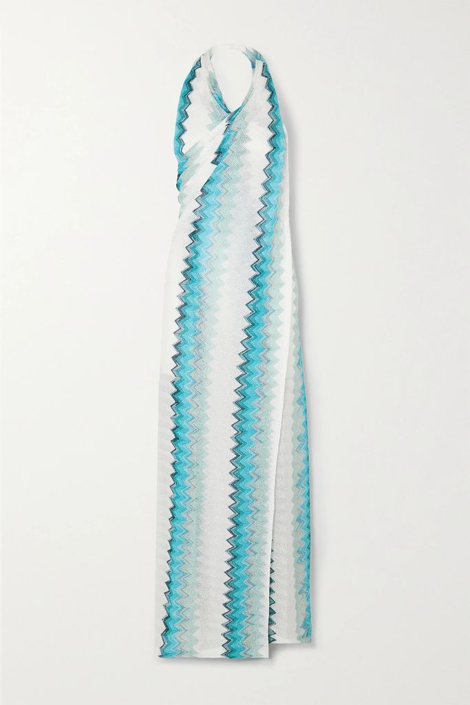 Metallic Crochet-knit Halterneck Maxi Dress - Blue