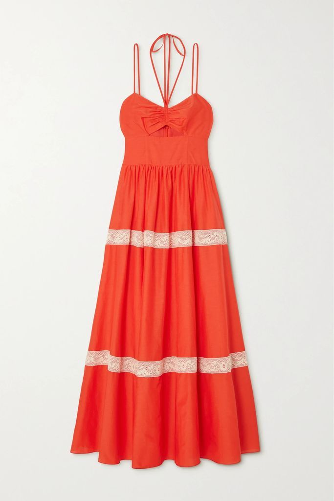 Cutout Lace-trimmed Cotton And Silk-blend Voile Maxi Dress - Red