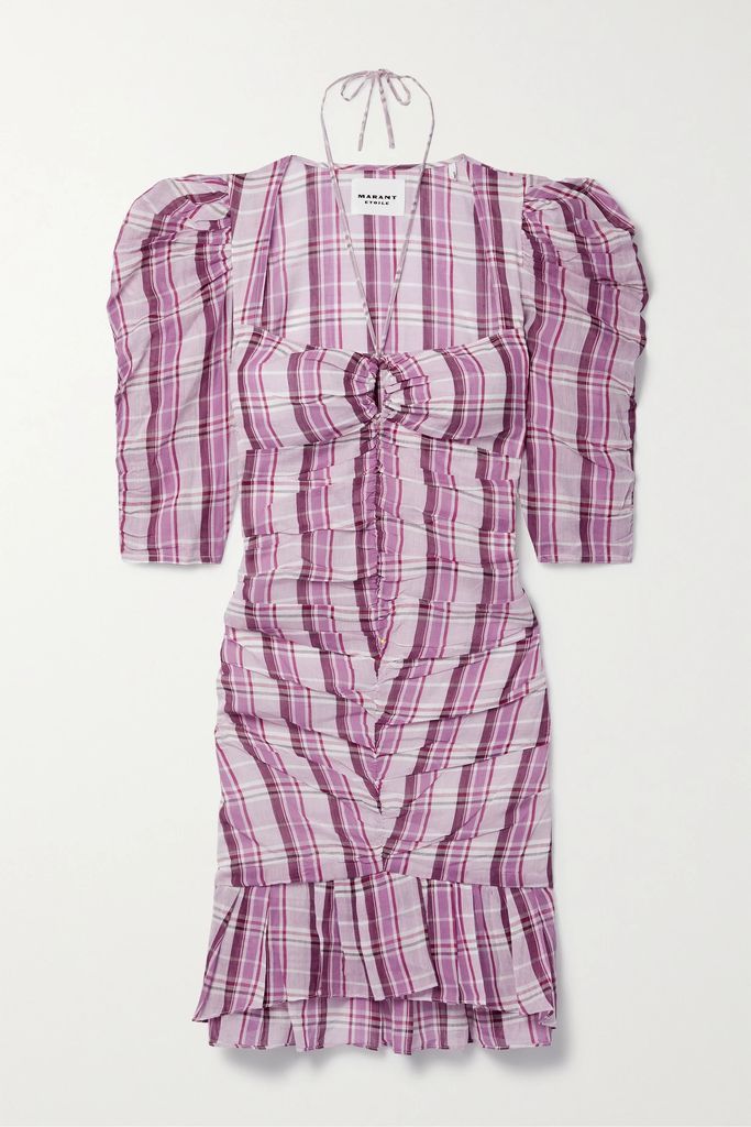 Galdino Ruched Checked Cotton-voile Mini Dress - Purple