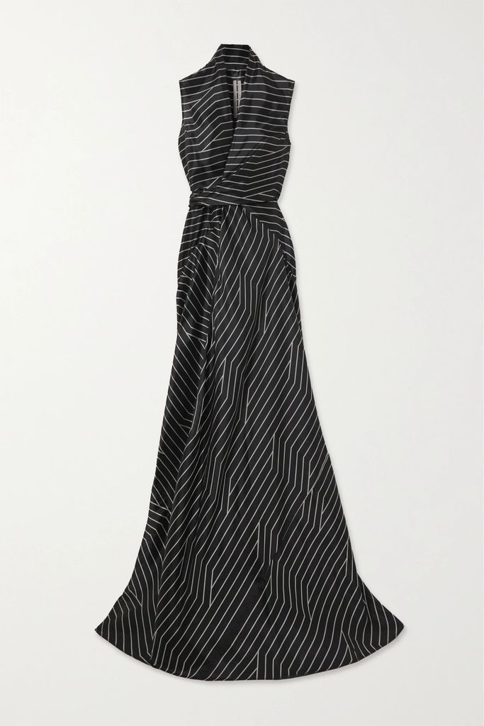Draped Striped Satin Wrap Gown - Black