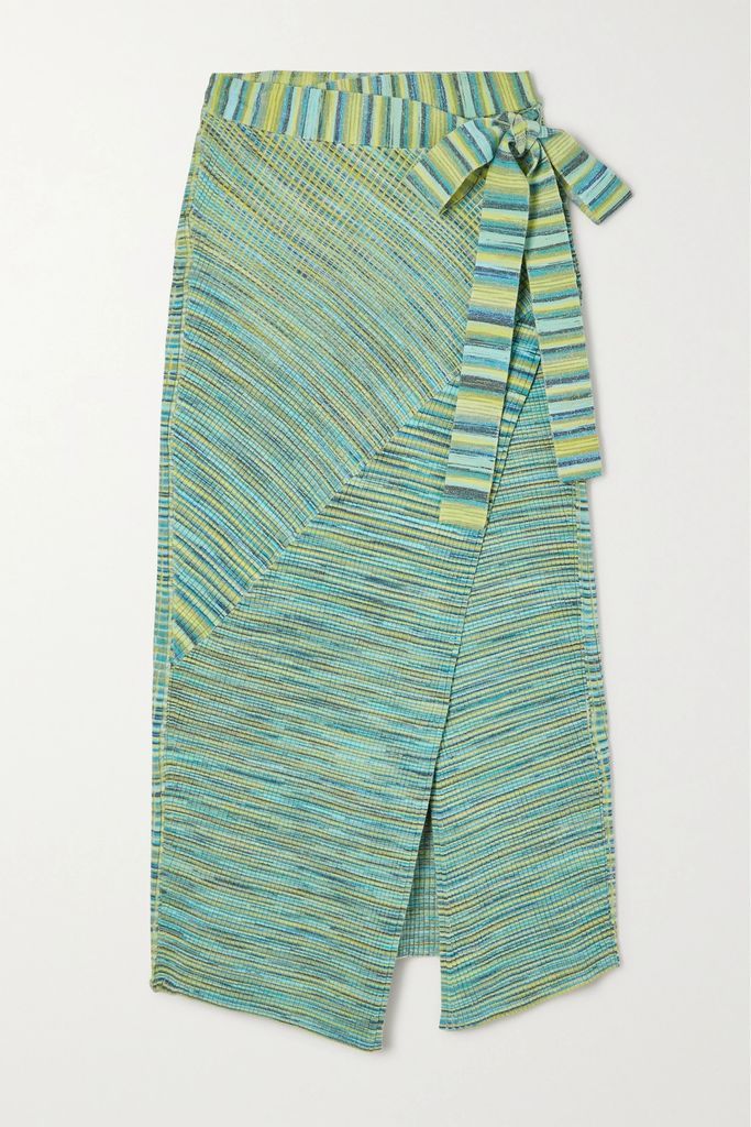 Paris Striped Ribbed Cotton-blend Midi Wrap Skirt - Blue