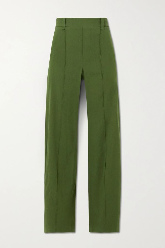 Linen-blend Straight-leg Pants - Green