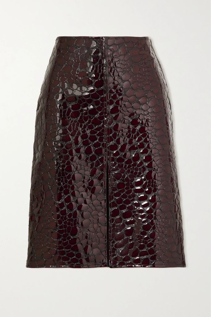 Croc-effect Leather Skirt - Brown