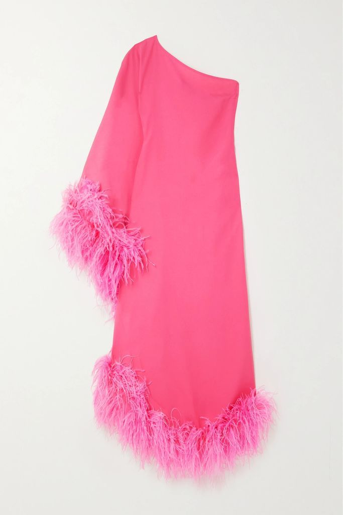 Ubud One-sleeve Feather-trimmed Crepe Gown - Bubblegum