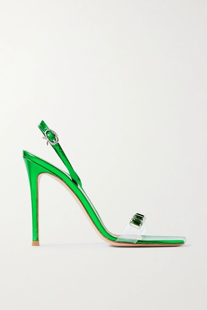 Crystal-embellished Pvc And Patent-leather Slingback Sandals - Green