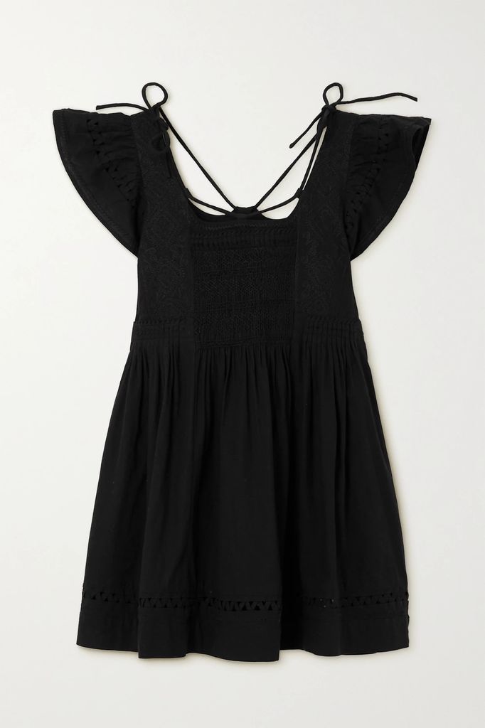Willa Embroidered Smocked Cotton-voile Mini Dress - Black