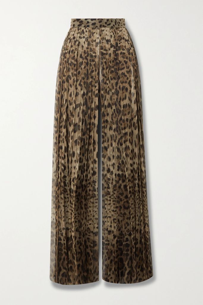 Leopard-print Pleated Chiffon Wide-leg Pants - Leopard print