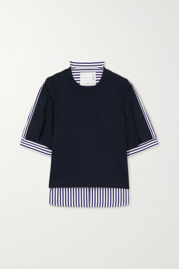 Paneled Striped Cotton-poplin And Jersey T-shirt - Navy