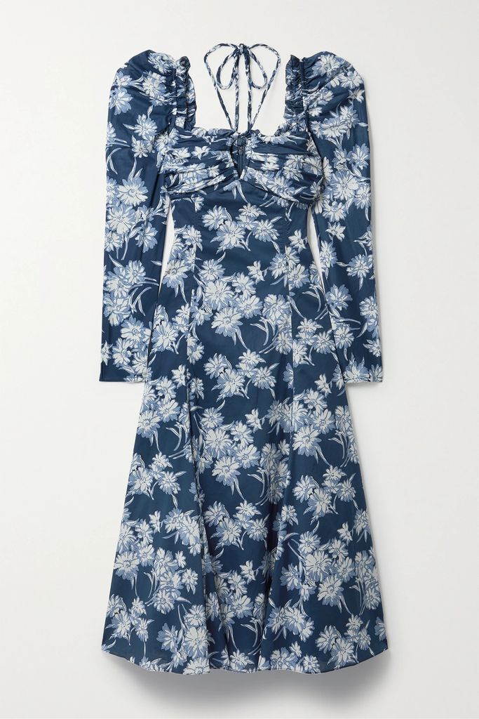 Bloom Gathered Floral-print Cotton Midi Dress - Midnight blue