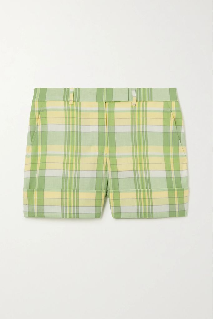 Webbing-trimmed Checked Cotton-poplin Shorts - Green