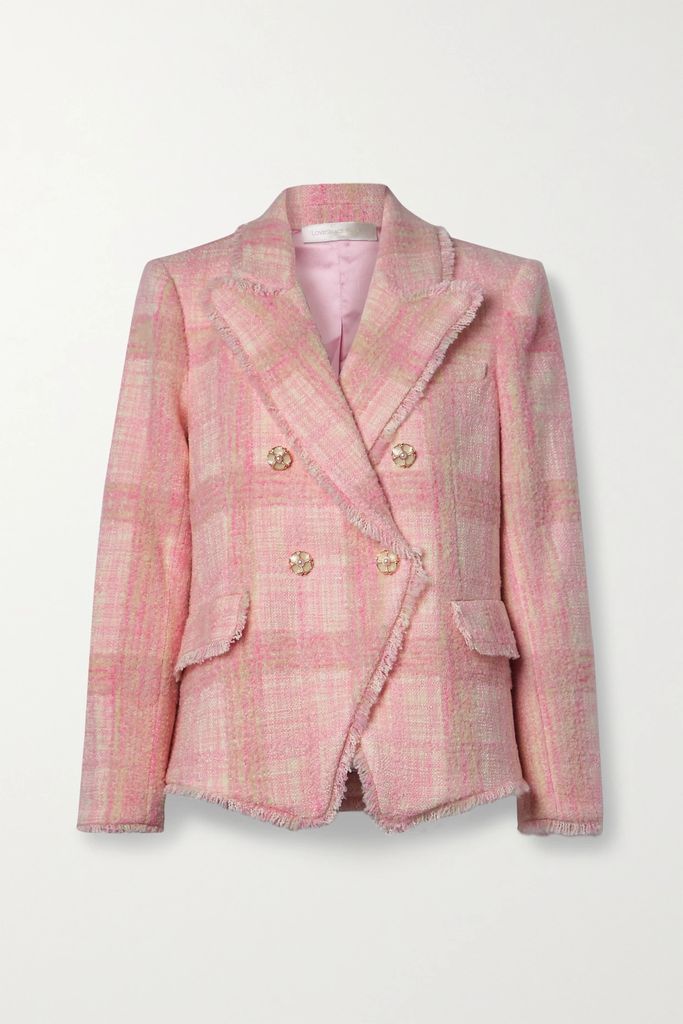Denison Double-breasted Embellished Checked Tweed Blazer - Pastel pink