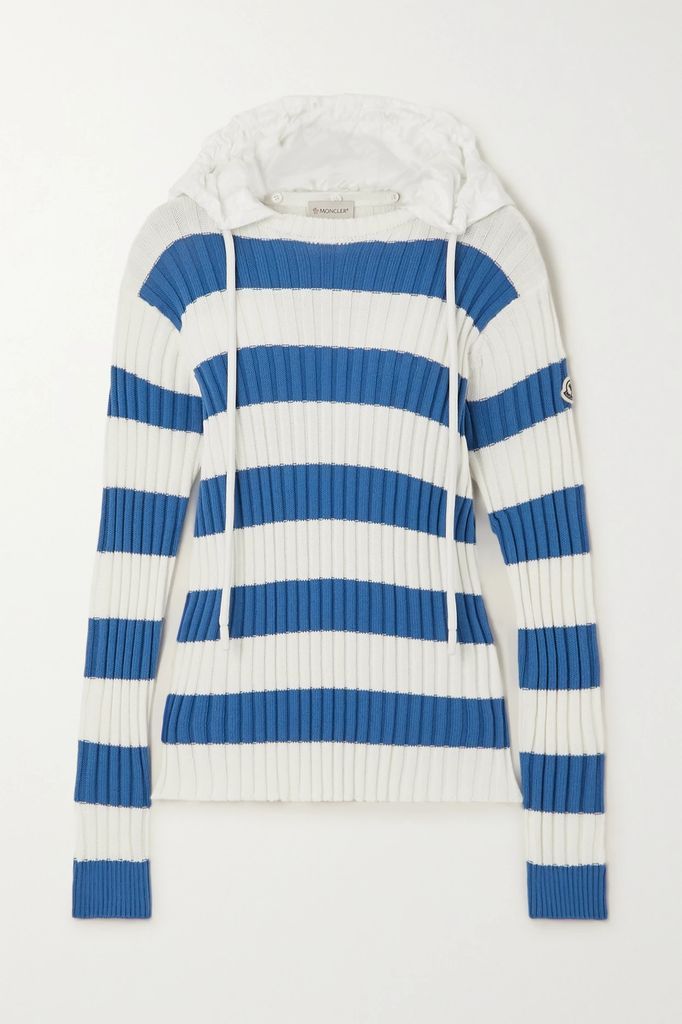 Shell-trimmed Striped Ribbed Cotton Hoodie - Blue