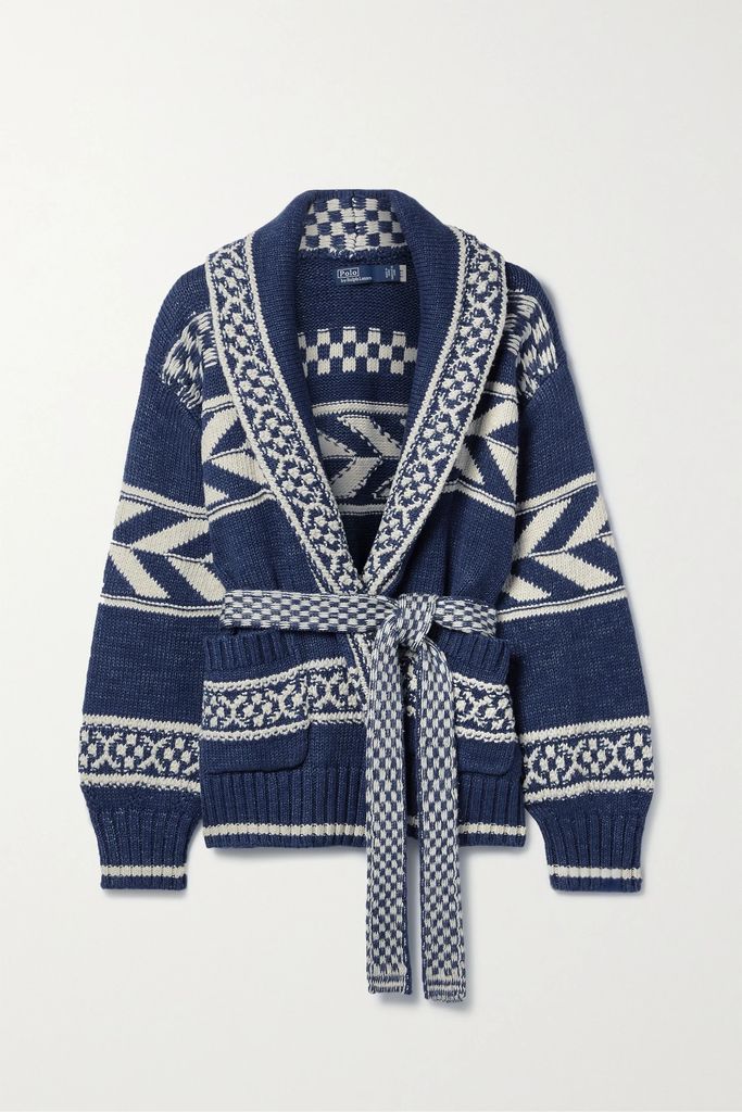 Belted Jacquard-knit Cotton And Linen-blend Cardigan - Navy