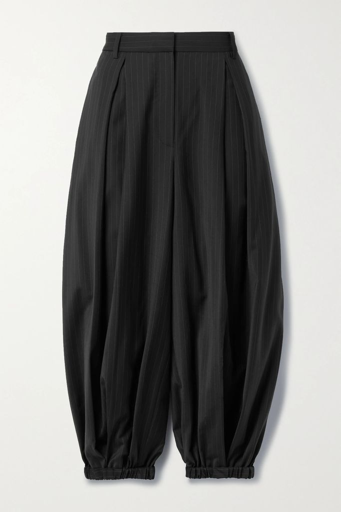 Pleated Pinstriped Wool-blend Tapered Pants - Black