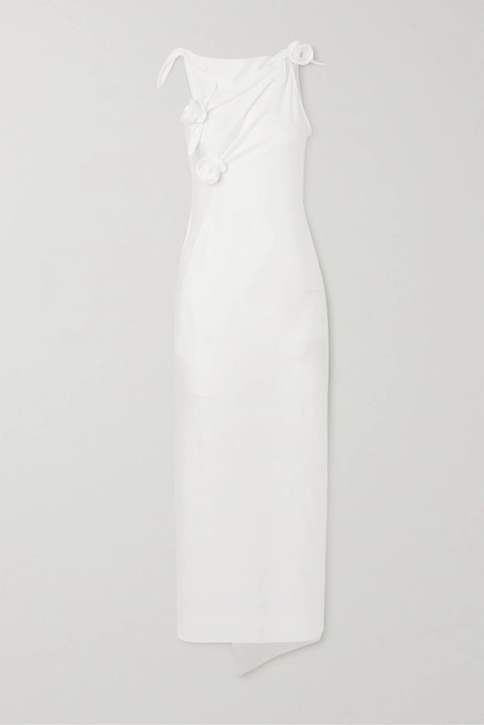 Asymmetric Appliquéd Stretch-satin Maxi Dress - White