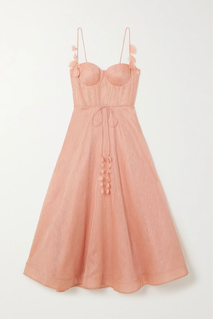 Wonderland Appliquéd Linen And Silk-blend Midi Dress - Pink