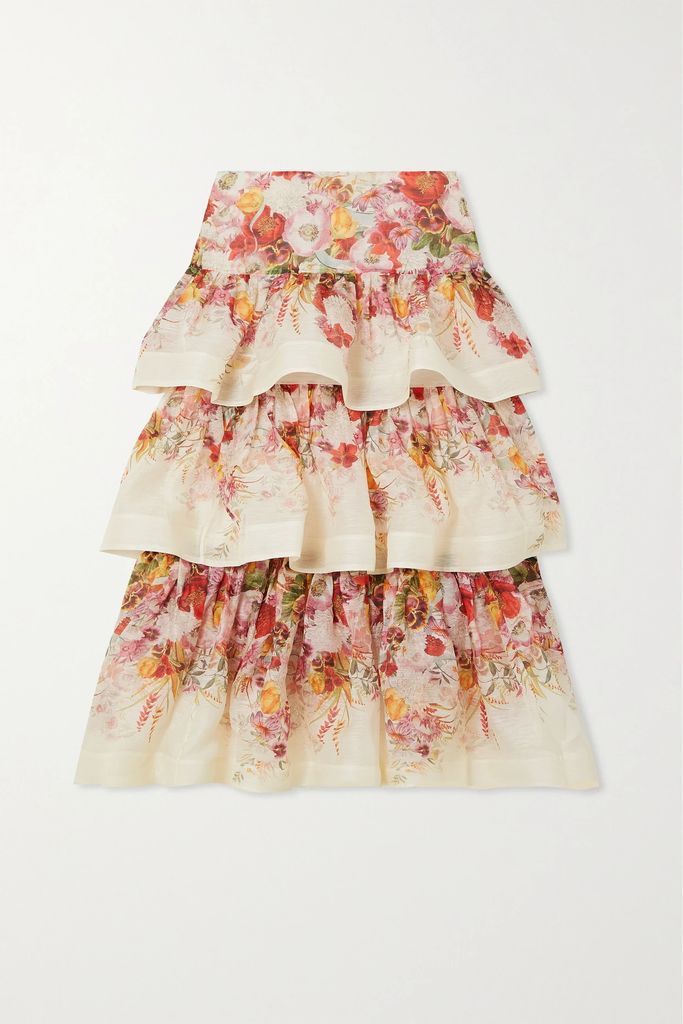 Wonderland Tiered Floral-print Linen And Silk-blend Midi Skirt - Ivory