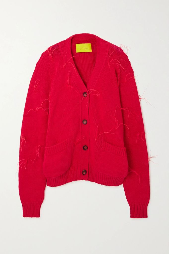 Oversized Feather-trimmed Cotton Cardigan - Red