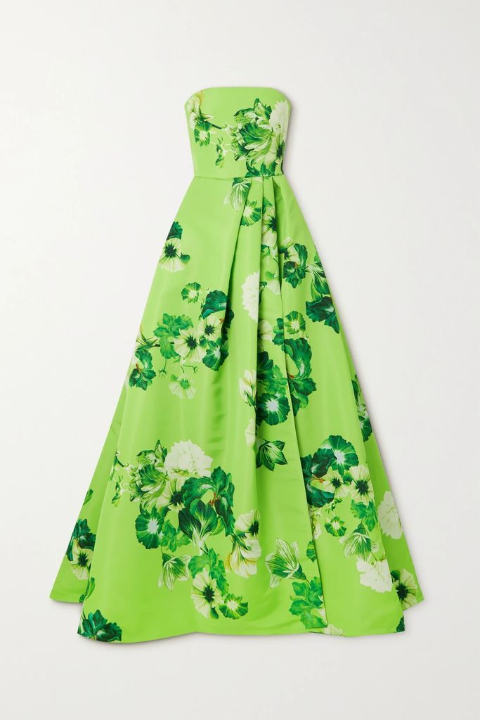 Strapless Floral-print Twill Gown - Lime green