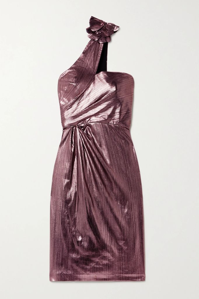 One-shoulder Metallic Lamé Midi Dress - Pink