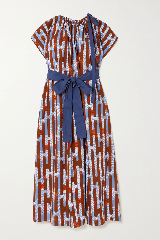Tie-detailed Belted Printed Waxed-cotton Midi Dress - Blue