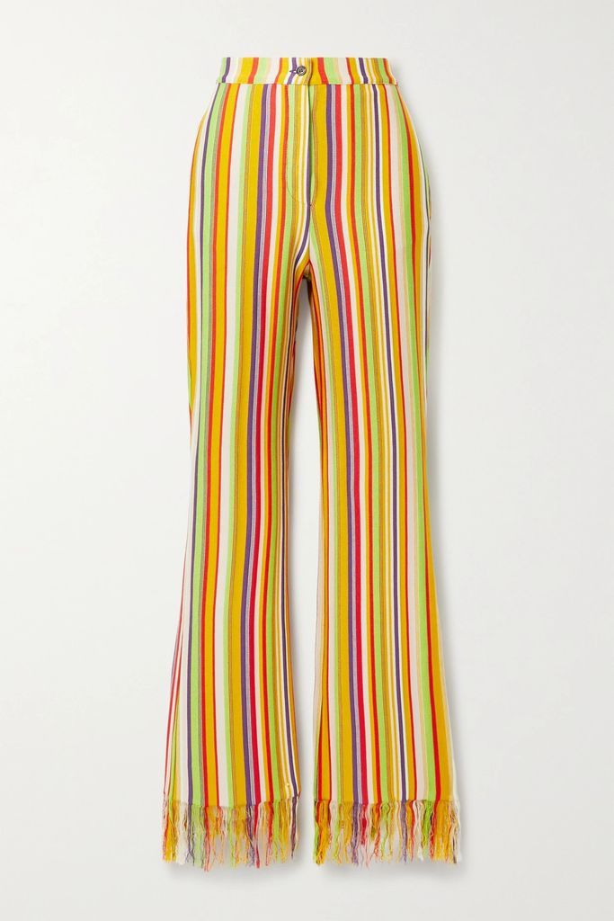 Fringed Striped Silk And Cotton-blend Straight-leg Pants - Orange