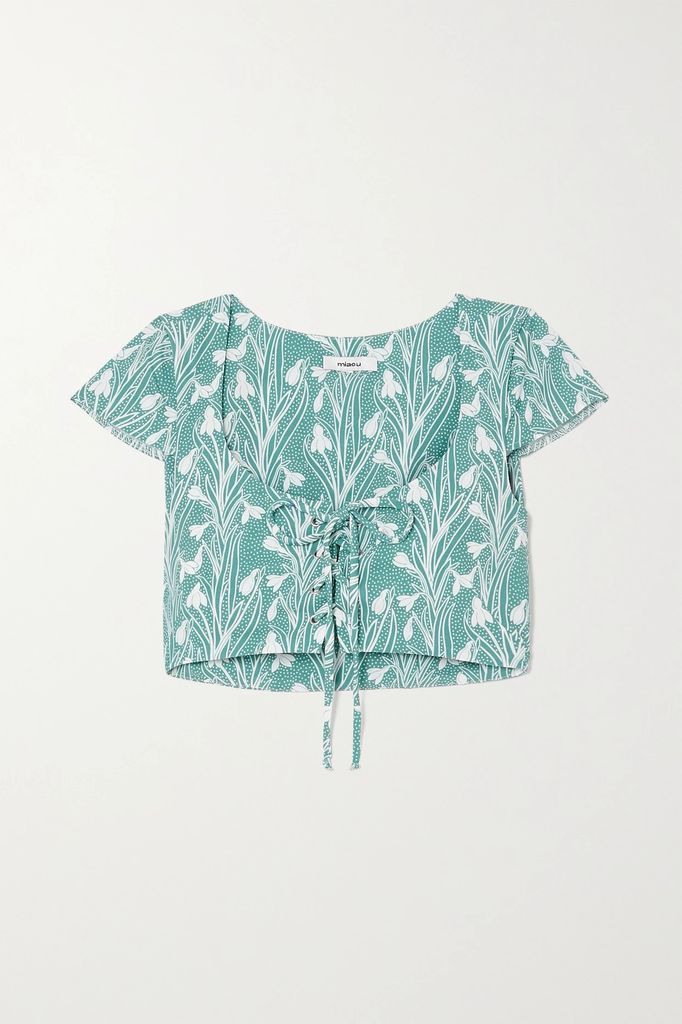 + Net Sustain Arielle Cropped Lace-up Floral-print Stretch-crepe Top - Green