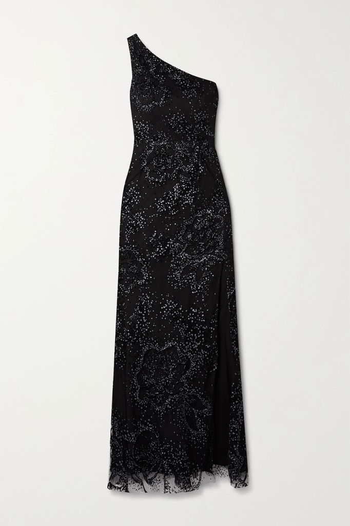 One-shoulder Flocked Glittered Tulle Gown - Black
