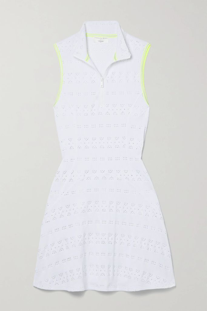 + Veronica Beard Grosgrain-trimmed Pointelle-knit Mini Tennis Dress - White