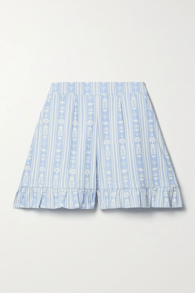 + Net Sustain + The Vanguard Ruffled Printed Cotton Shorts - Blue