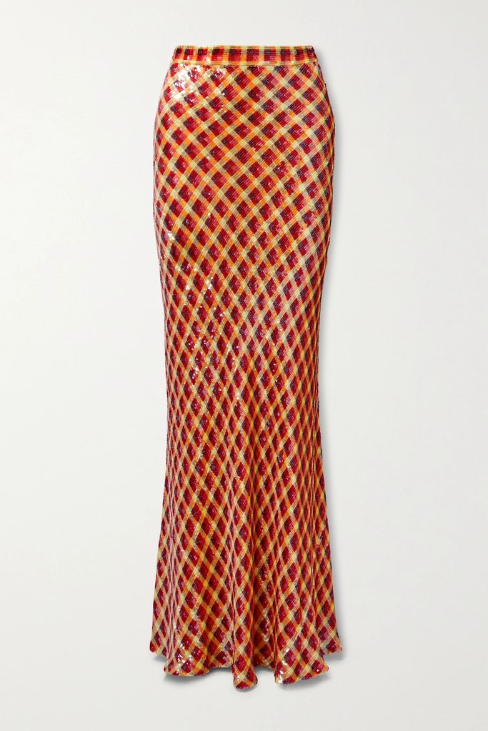 Checked Sequined Tulle Maxi Skirt - Red