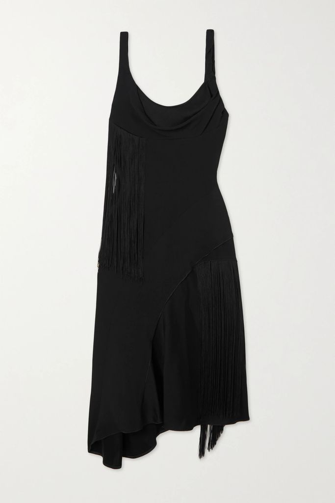 Asymmetric Fringed Satin-crepe Midi Dress - Black