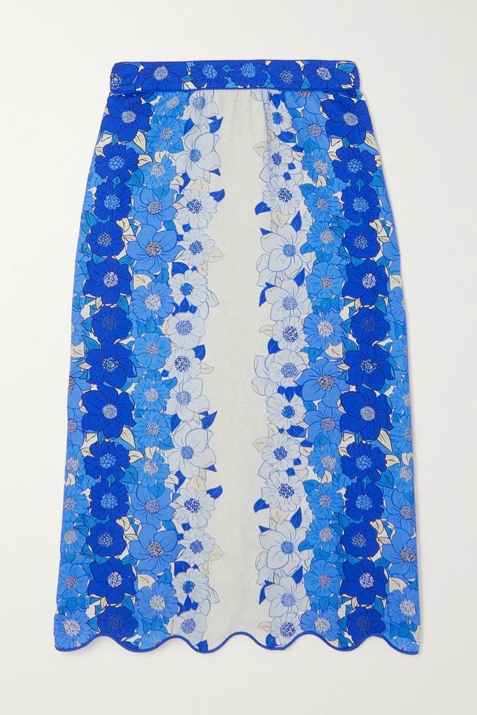 Scalloped Floral-print Linen-blend Midi Skirt - Blue