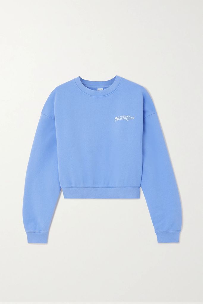 Cropped Flocked Cotton-jersey Sweatshirt - Light blue