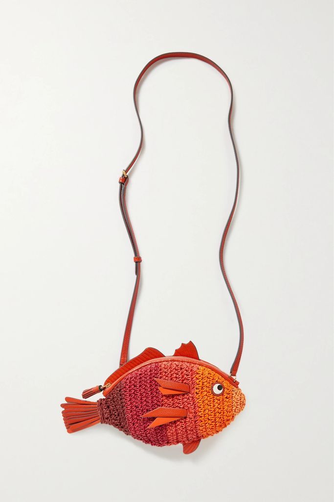 Leather-trimmed Raffia-effect Crochet Shoulder Bag - Orange