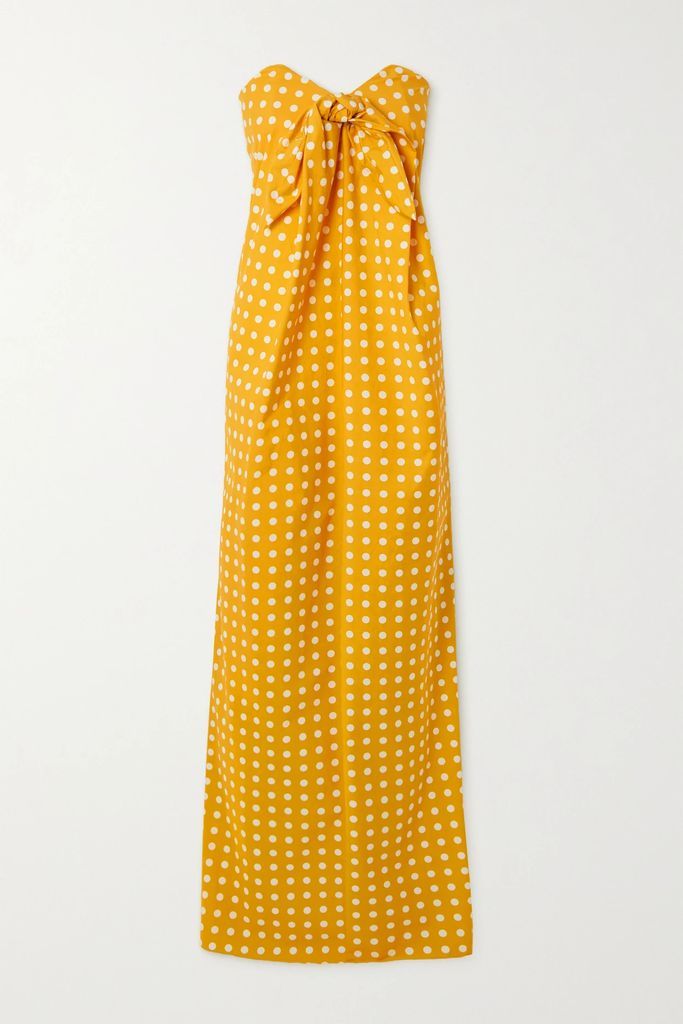Kaia Strapless Tie-detailed Polka-dot Cotton-blend Poplin Maxi Dress - Mustard