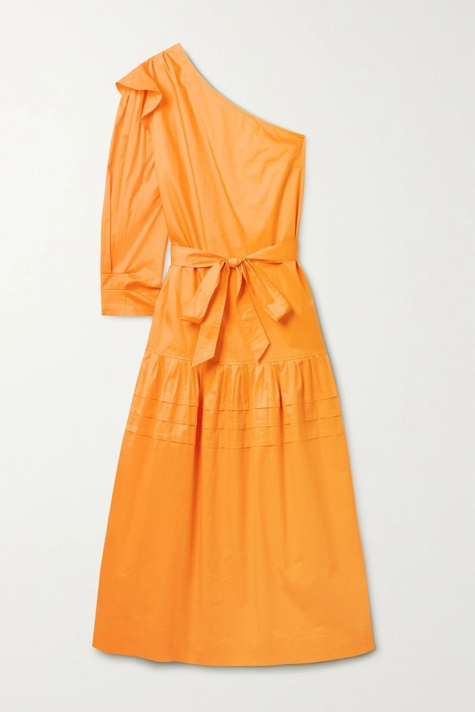 Finley One-shoulder Belted Cotton-poplin Midi Dress - Orange