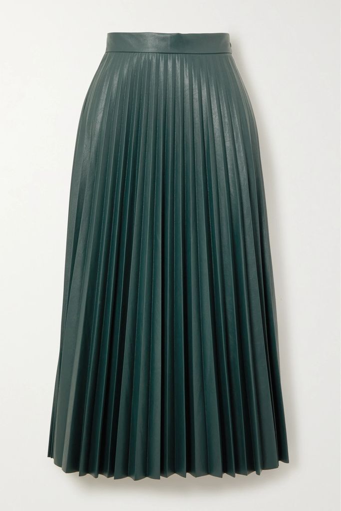 Pleated Textured Faux Leather Midi Skirt - Dark green